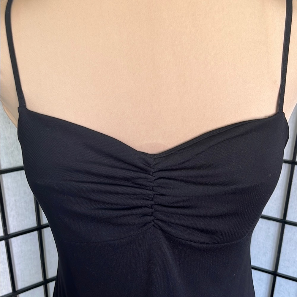 BCBG Paris Black Ruched Adjustable Spaghetti Strap Dress w/ Pleated Ruffle Hem M